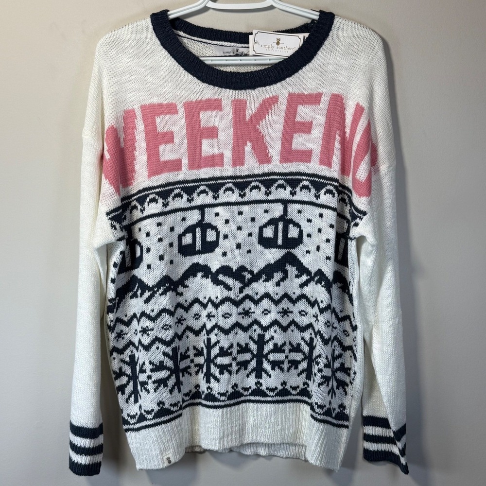NWT Simply Southern Weekend Ski Lift Sweater Women S/M White Graphic Knit Skiing